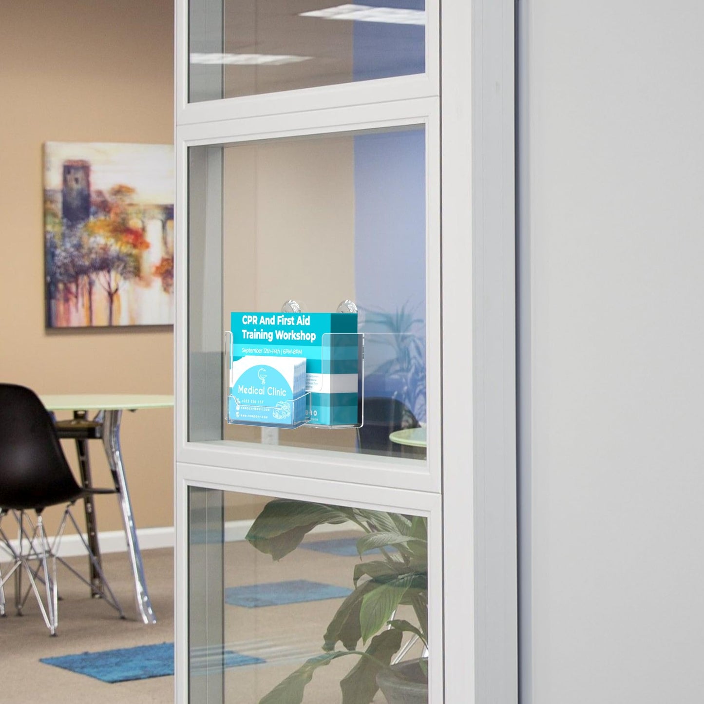 Postcard Holder with Suction Cup Hooks Window Mount Holds 6 Inch Wide Advertisements and 3.5" x 2" Business Cards Clear Acrylic Organizer for Tradeshows Expos and Conventions by Marketing Holders