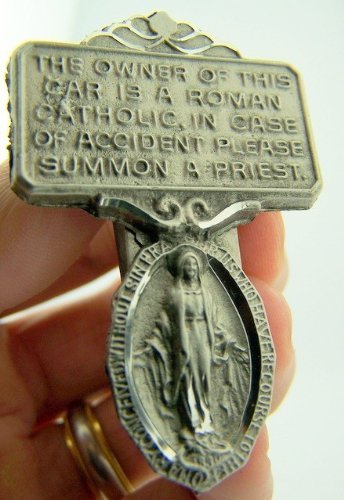 WJH Pewter Miraculous Medal I Am Roman Catholic Call A Priest Auto Visor Clip, 2 1/4 Inch