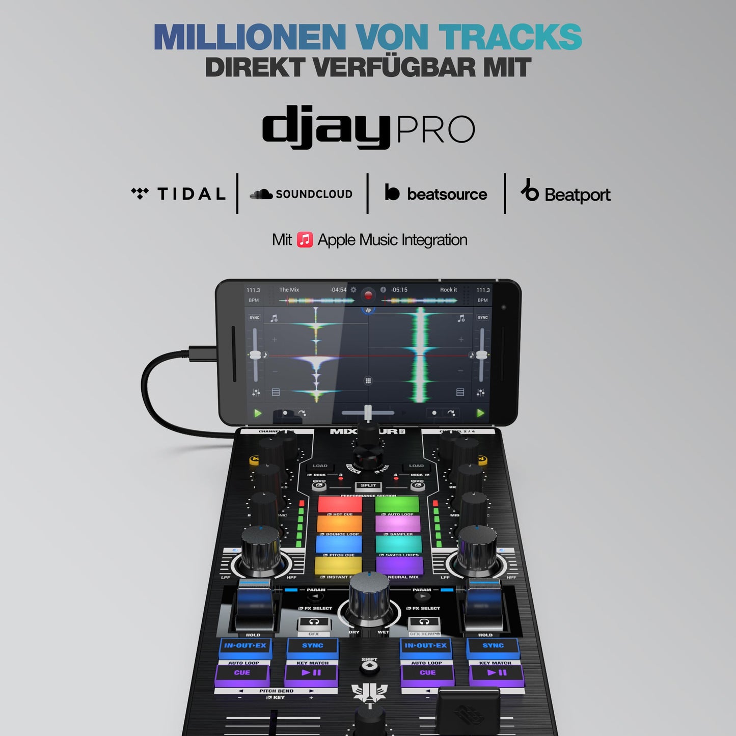 Reloop Mixtour Pro High-quality, ultra-portable, all-in-one four-deck DJ controller with audio interface