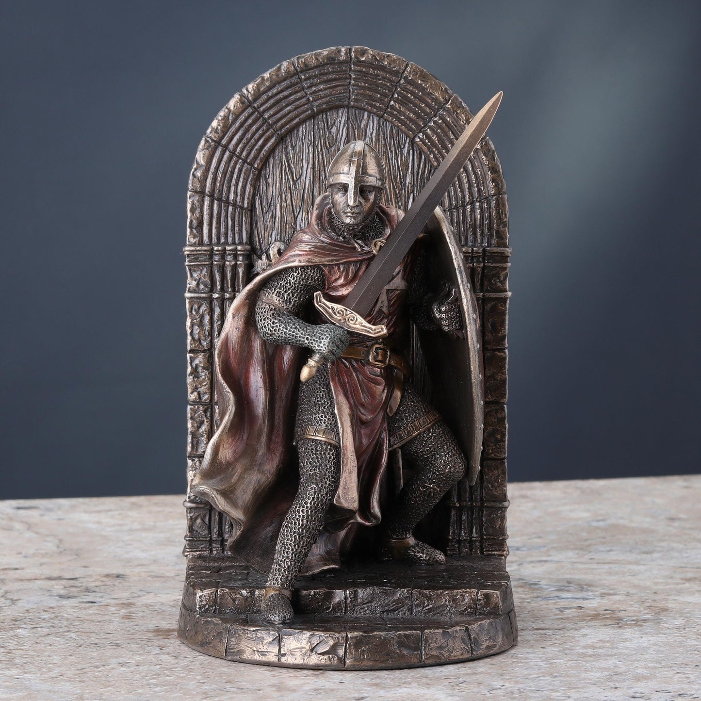 Maltese Crusader Statue in Armor Guarding Door Holding Shield & Sword Bronze Finish Resin Bookend 7.5 Inches High