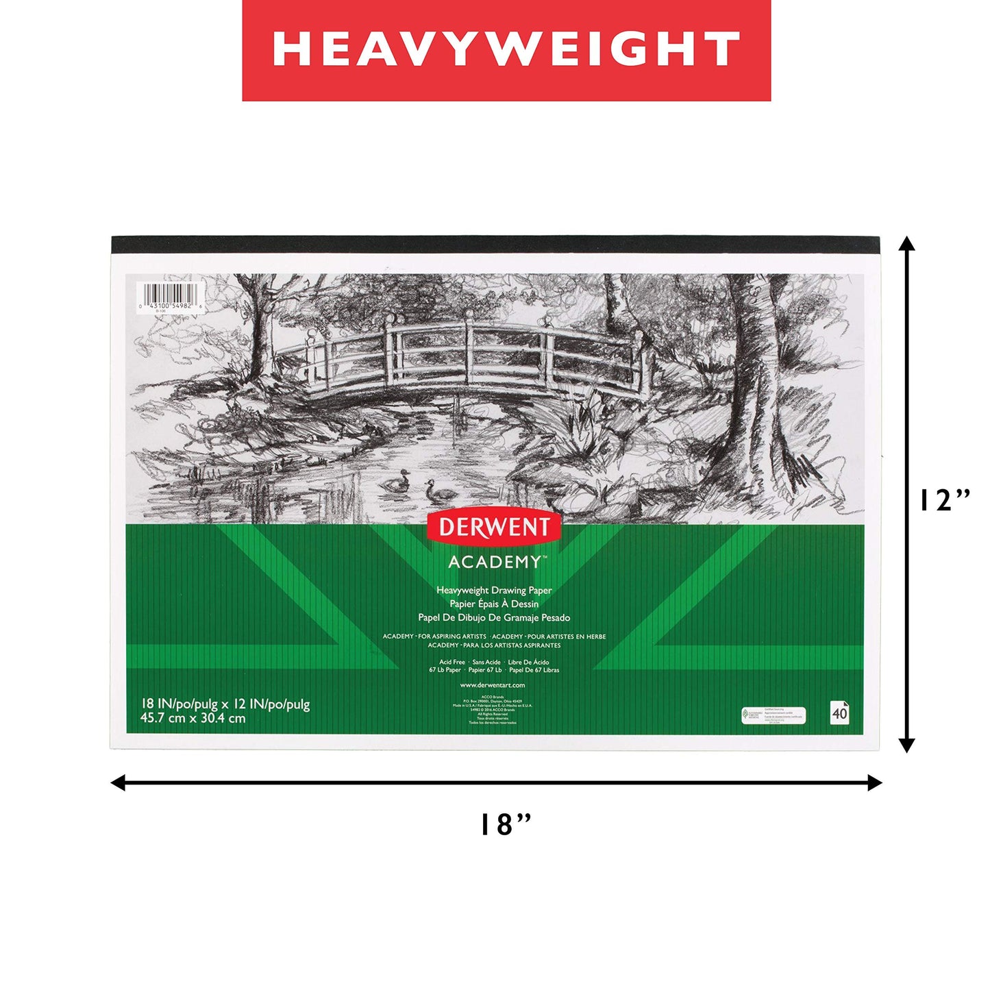 Derwent Academy Drawing Paper Pad, 40 Sheets, 18" x 12", Heavyweight (54982)