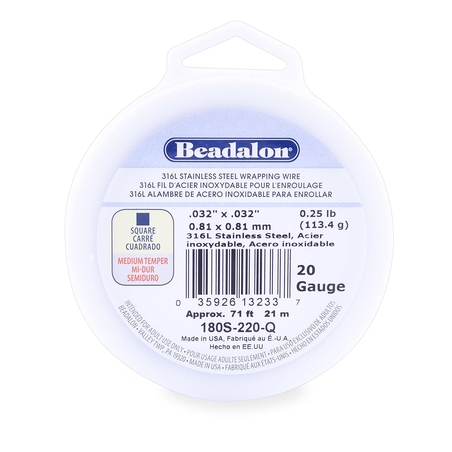 Beadalon 316L Stainless Steel Wrapping Wire, Square, 20 Gauge, 71 feet, 1/4 Pound