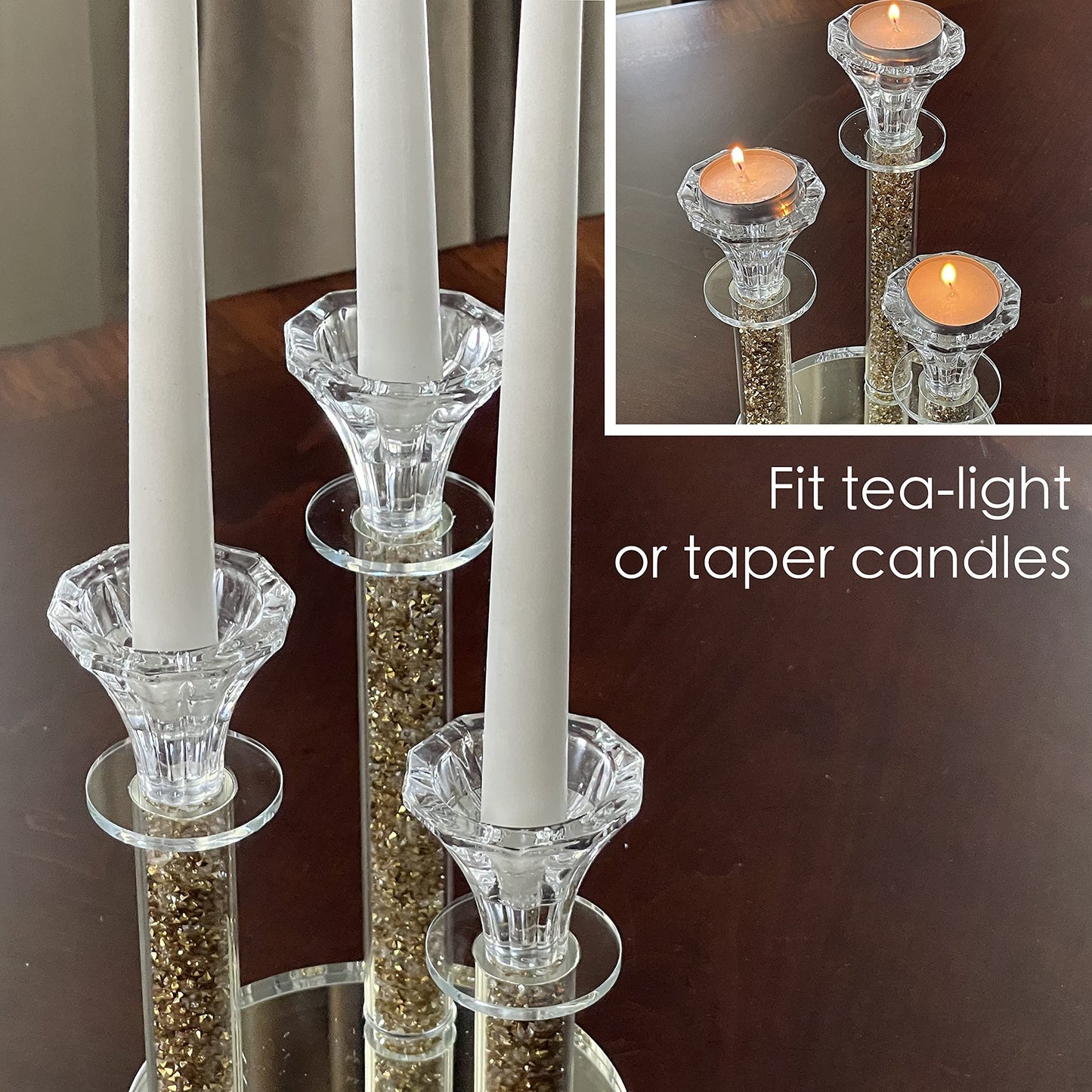 Allgala 9 Inch Tall 3-Pillar Filled with Diamond Like Stone Filled Crystal Candlesticks with Mirror Base