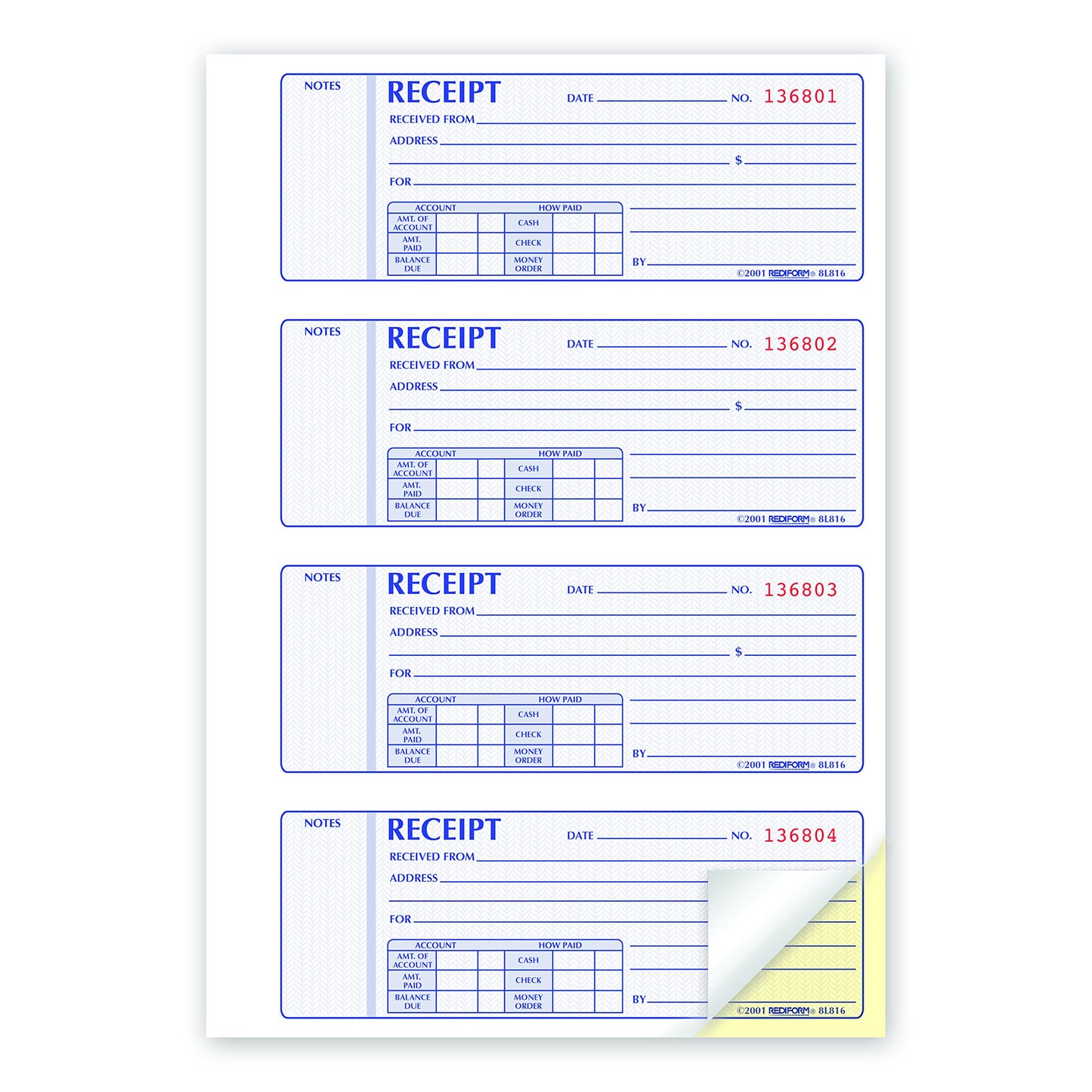 Rediform® Money Receipt Book, Carbonless, 400 Numbered Duplicates, 4/Page, 11" x 7.625" (RED8L816) (8L816)