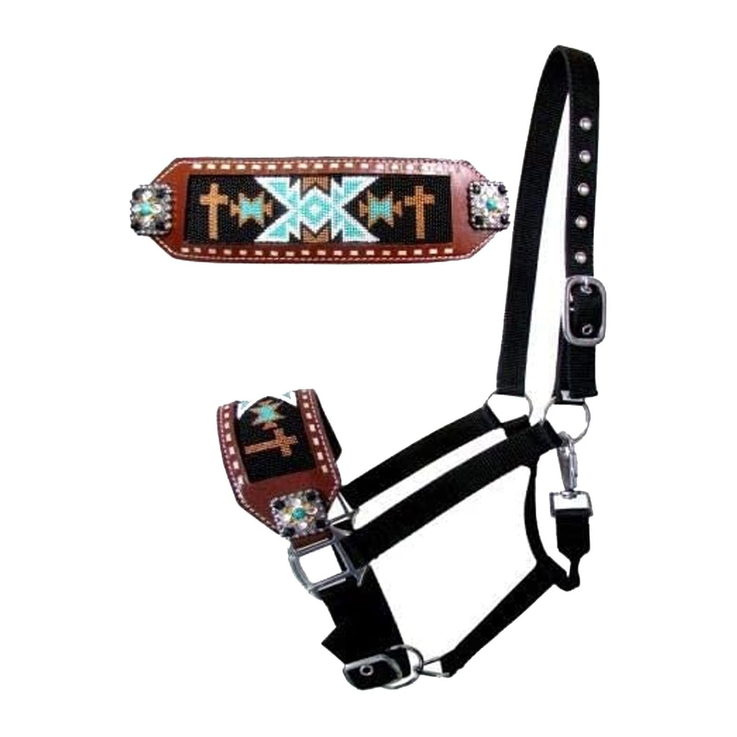 Showman Bronc Halter w/Navajo Cross Beaded Design Noseband