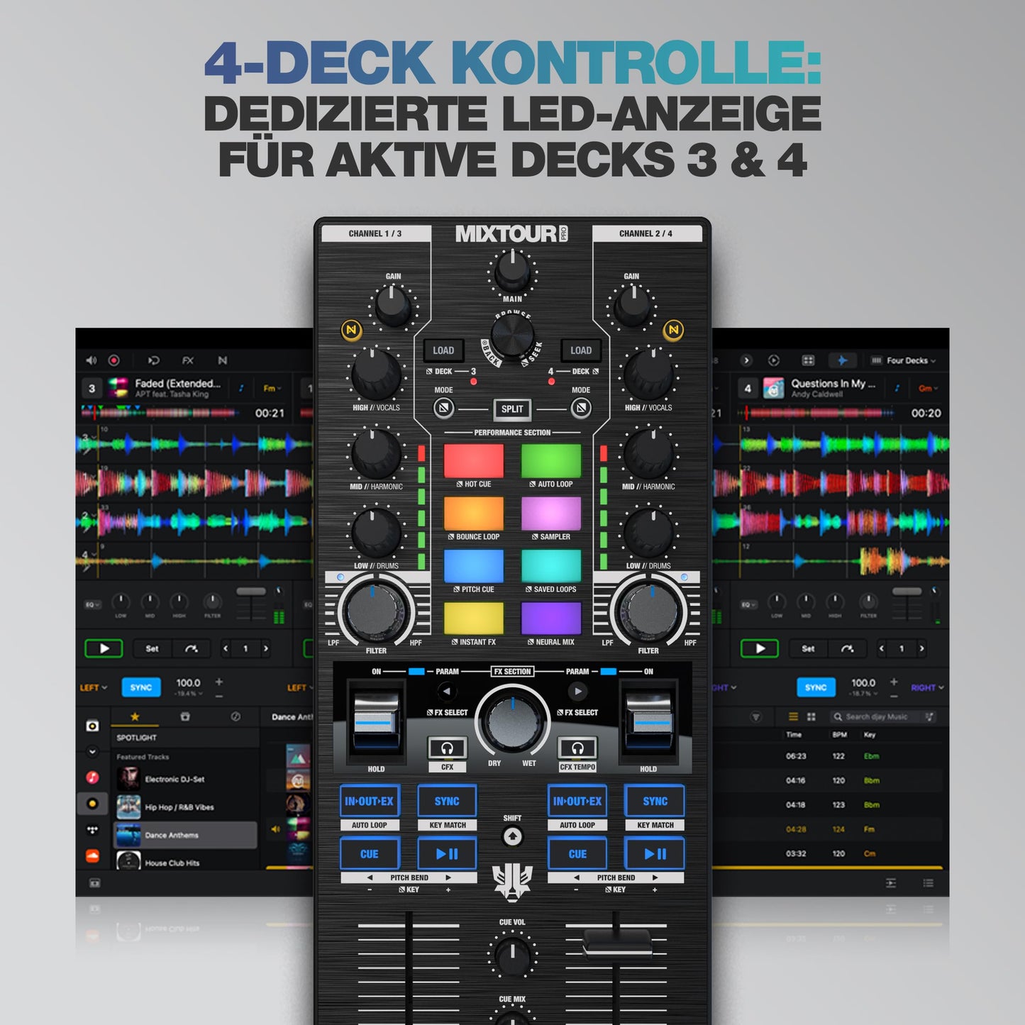 Reloop Mixtour Pro High-quality, ultra-portable, all-in-one four-deck DJ controller with audio interface