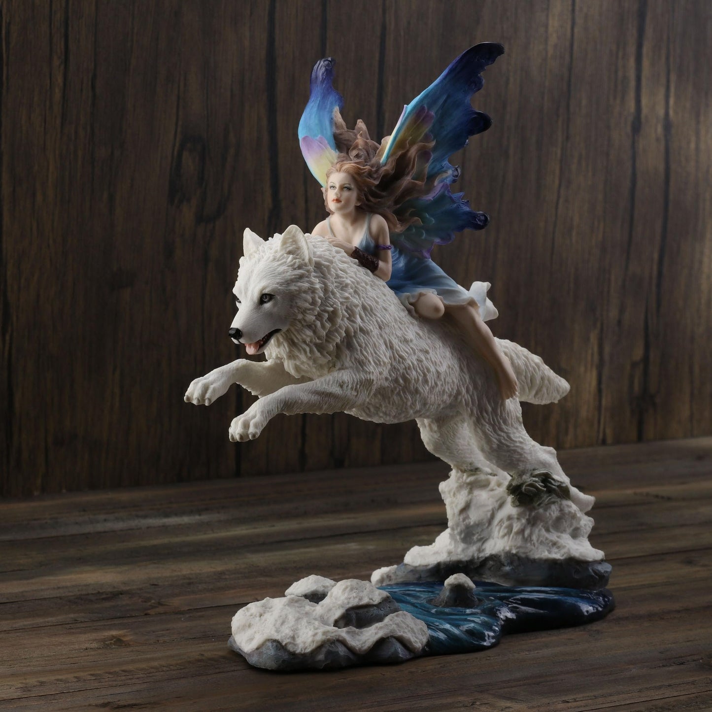 Unicorn Studio Fairy Riding On Leaping Arctic White Wolf Hand Painted Resin Figurine