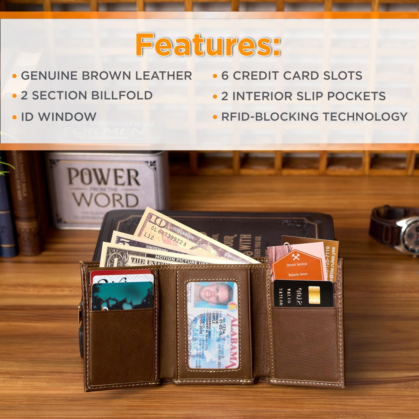 Christian Art Gifts Genuine Premium Full Grain Leather RFID Blocking Silver Engraved Cross Wallet for Men: Multi Pocket Billfold w/Removable ID Window Accessory for Credit Cards, Bills, Photos, Black