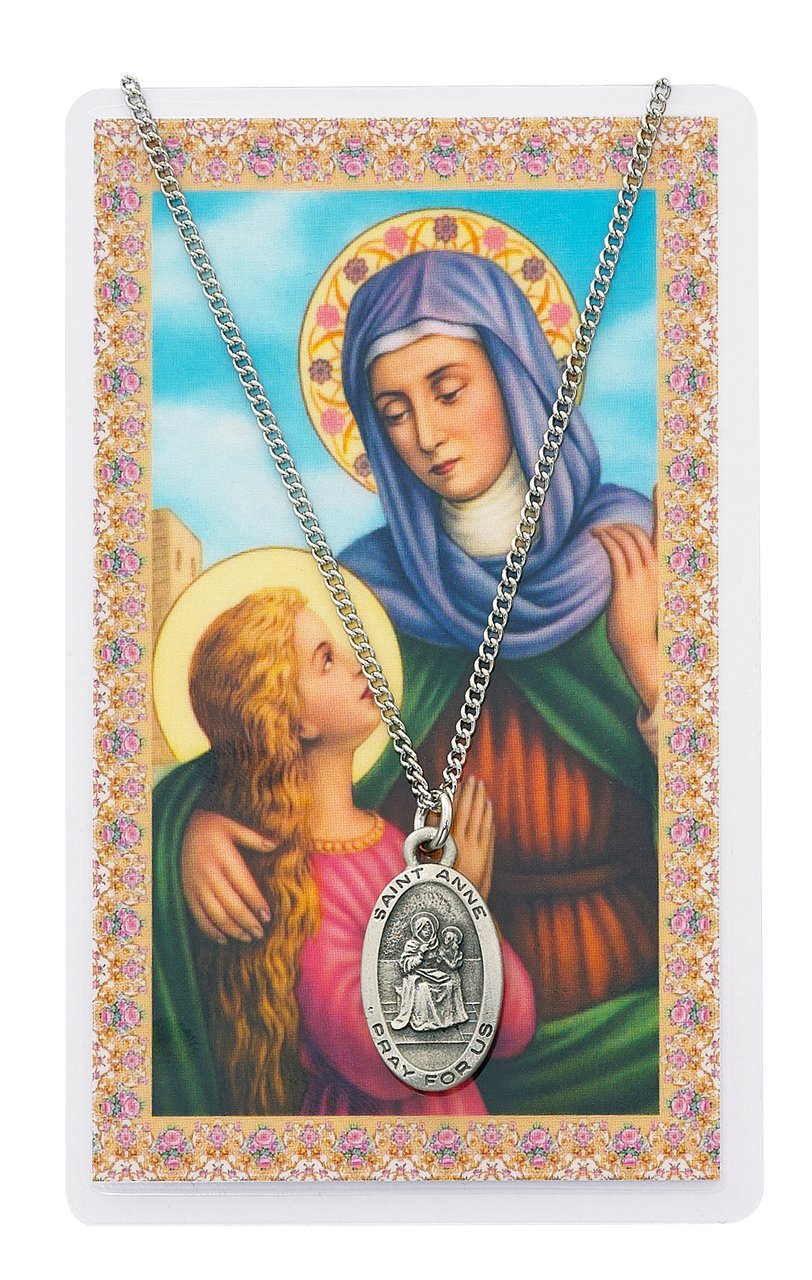Saint Anne 7/8-inch Pewter Medal Pendant Necklace with Holy Prayer Card