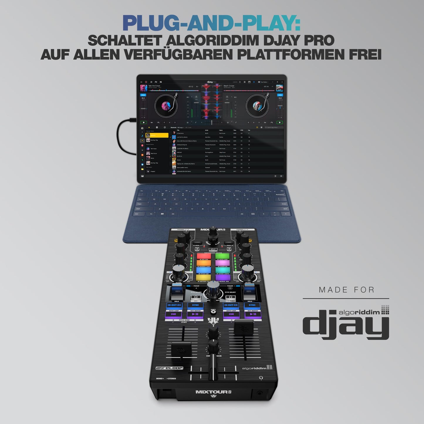 Reloop Mixtour Pro High-quality, ultra-portable, all-in-one four-deck DJ controller with audio interface