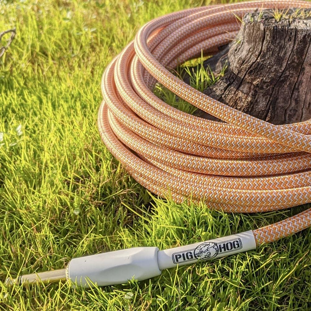 Pig Hog PCH102OCR Orange Creme 2.0-inch Instrument Cable Right Angle 1/4"-1/4" Right Angle Connectors 10-Feet Woven Outer Covering