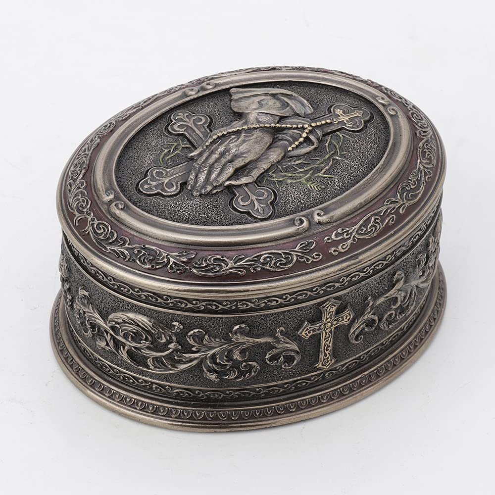 Veronese Design 2 1/2 Inch Tall Praying Hand Oval Shape Trinket Box Cold Cast Bronzed Resin Sculpture Religious Decor Figurine