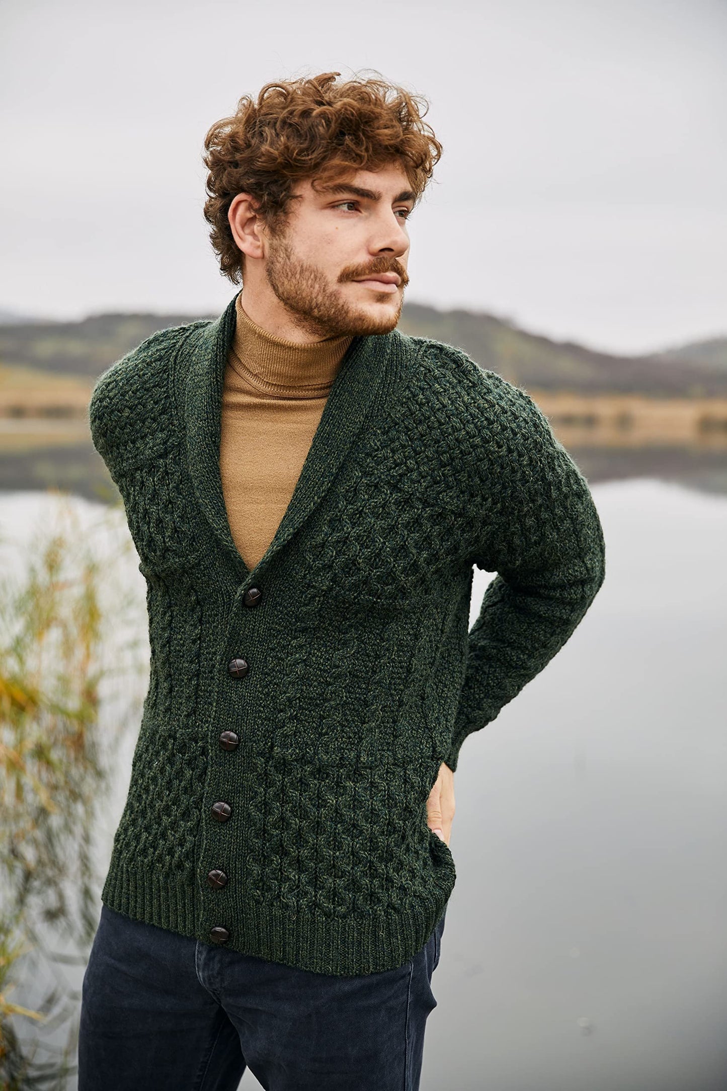SAOL Men's Cardigan Merino Wool Knit Shawl Collar Casual Sweater with Buttons