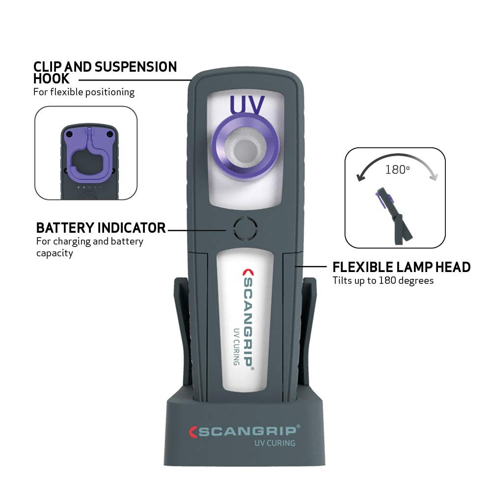 SCANGRIP UV-Light, Rechargeable LED UV Curing Light for Small and Medium Areas, Belt Clip, Sturdy Hook, Built-in Magnet, can be Used on Plastic and Heat Sensitive Material