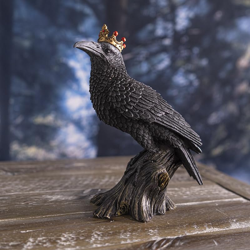 Pacific Giftware Gothic Raven King Figurine with Gold Crown Polyresin Black Bird Decorative Figurine on Tree Stump 6.5" Tall Halloween Home Decor