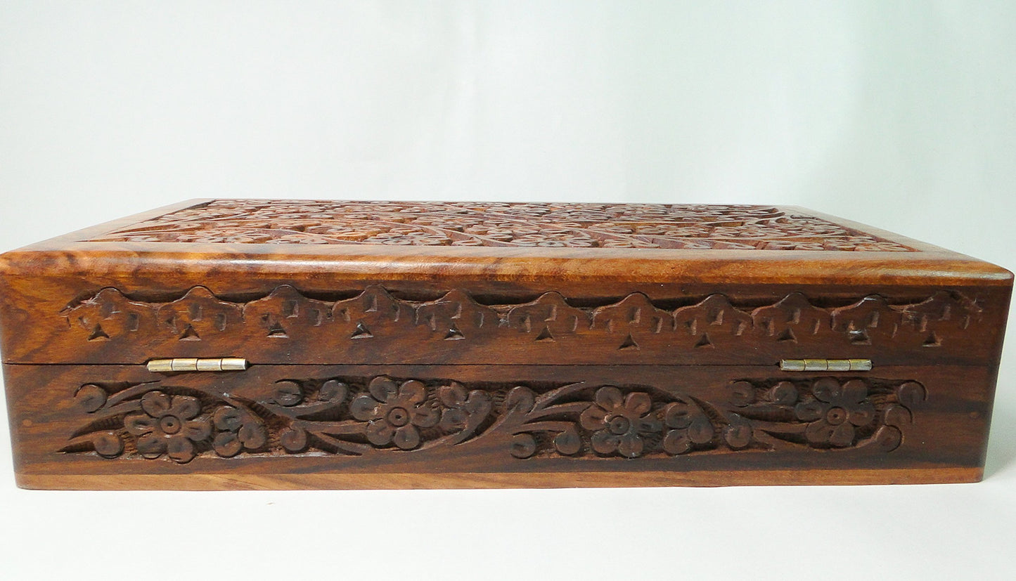 IndiaArts Wooden Box 6x10x2.5 inch, Hand Carved Flowers & Vines Design