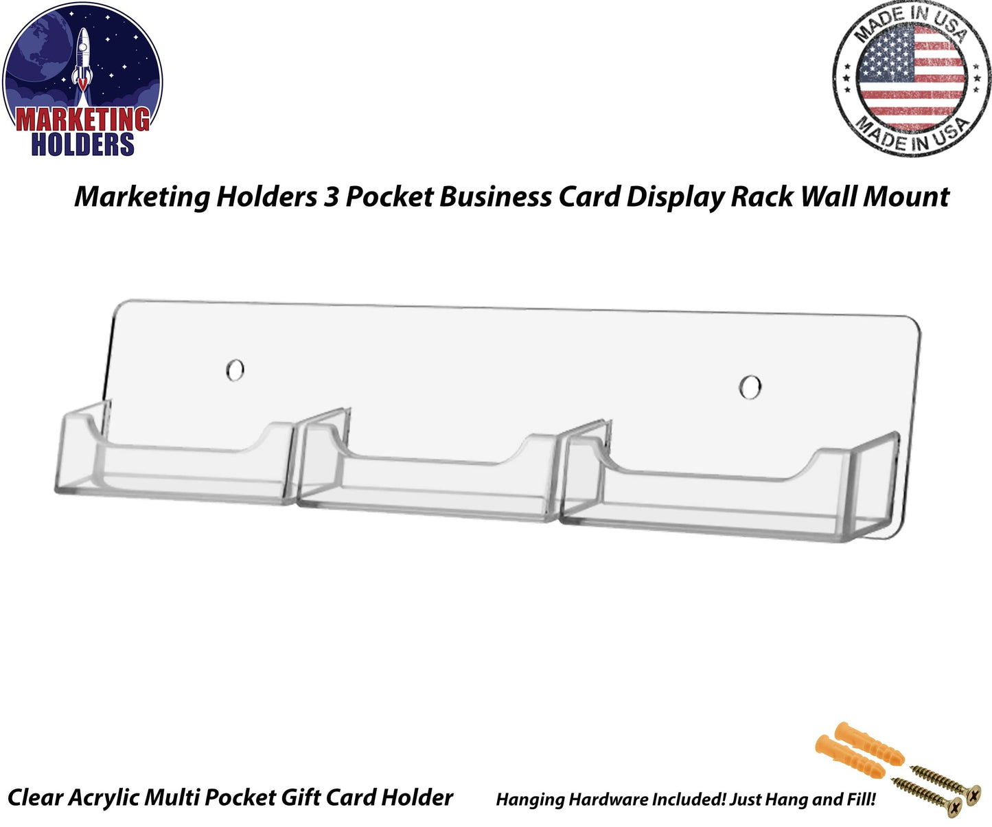 Marketing Holders Wall Business Card Holder with Hanging Hardware for 3.5" x 2" Gift or Appointment Cards Medical Dental Corporate Offices Community Centers 3 Pockets Clear Professional Acrylic