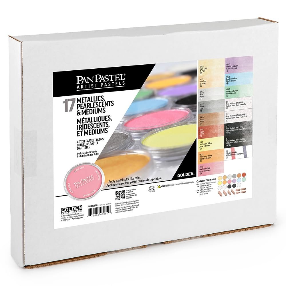 PanPastel Artist Pastels by GOLDEN, Metallics, Pearlescents & Mediums Set, 17 Color, Professional Artist Pastels, Unique Pan Format (cake-like)