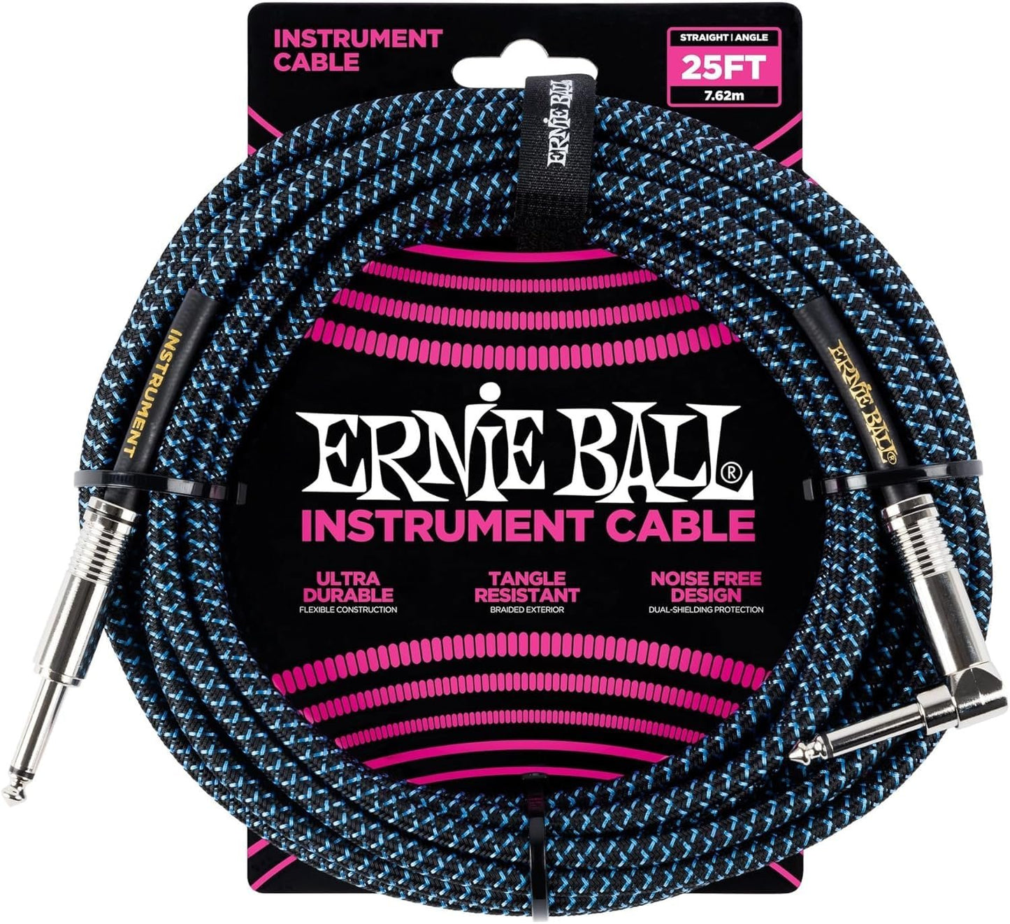 Ernie Ball Braided Instrument Cable Set Straight/Angle Length 25ft in Blue/Black (P06060) - Pack of 2