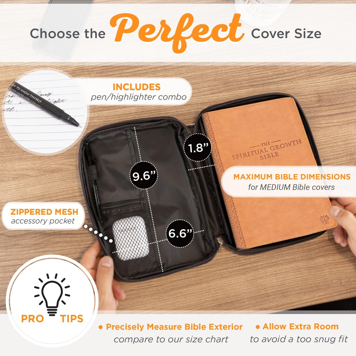 Christian Art Gifts Brown Faux Leather Bible Cover for Men and Women | Ichthus Jesus Fish Emblem Zippered Two-Fold Organizer Case for Bible or Book w/Handle Small Thinline