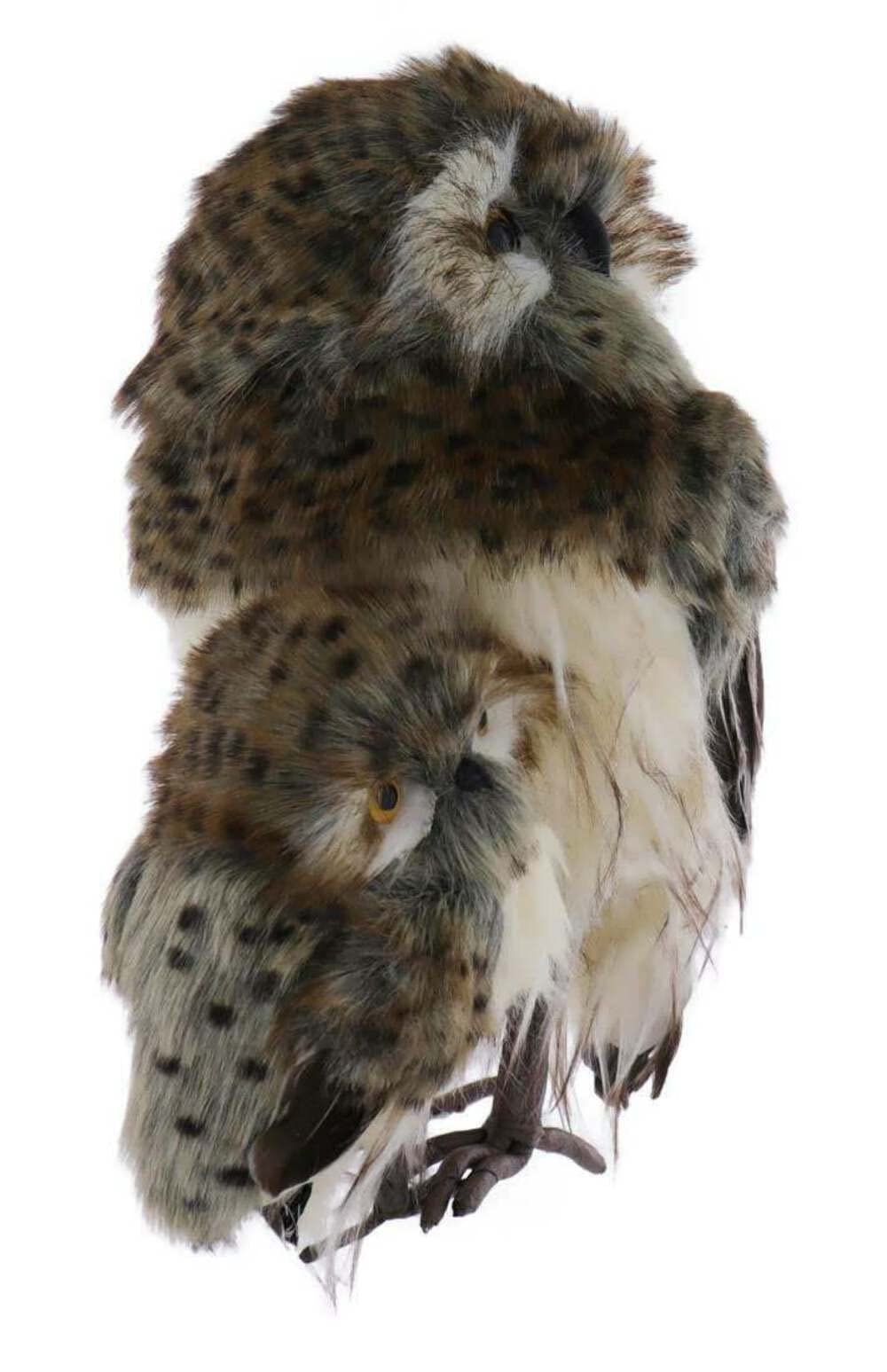 Regency Large Speckled Furry Feathered Hoot Owl and Baby Owl Figurine 11 1/2 inches