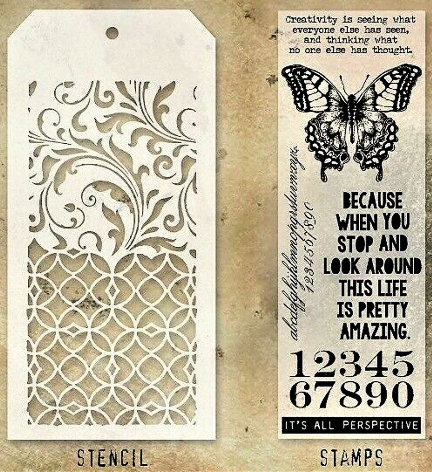 Tim Holtz Collection Stamper's Anonymous Tim Holtz Butterfly Flourish Latticework Mixed Media Stamp and Stencil Set THMM115