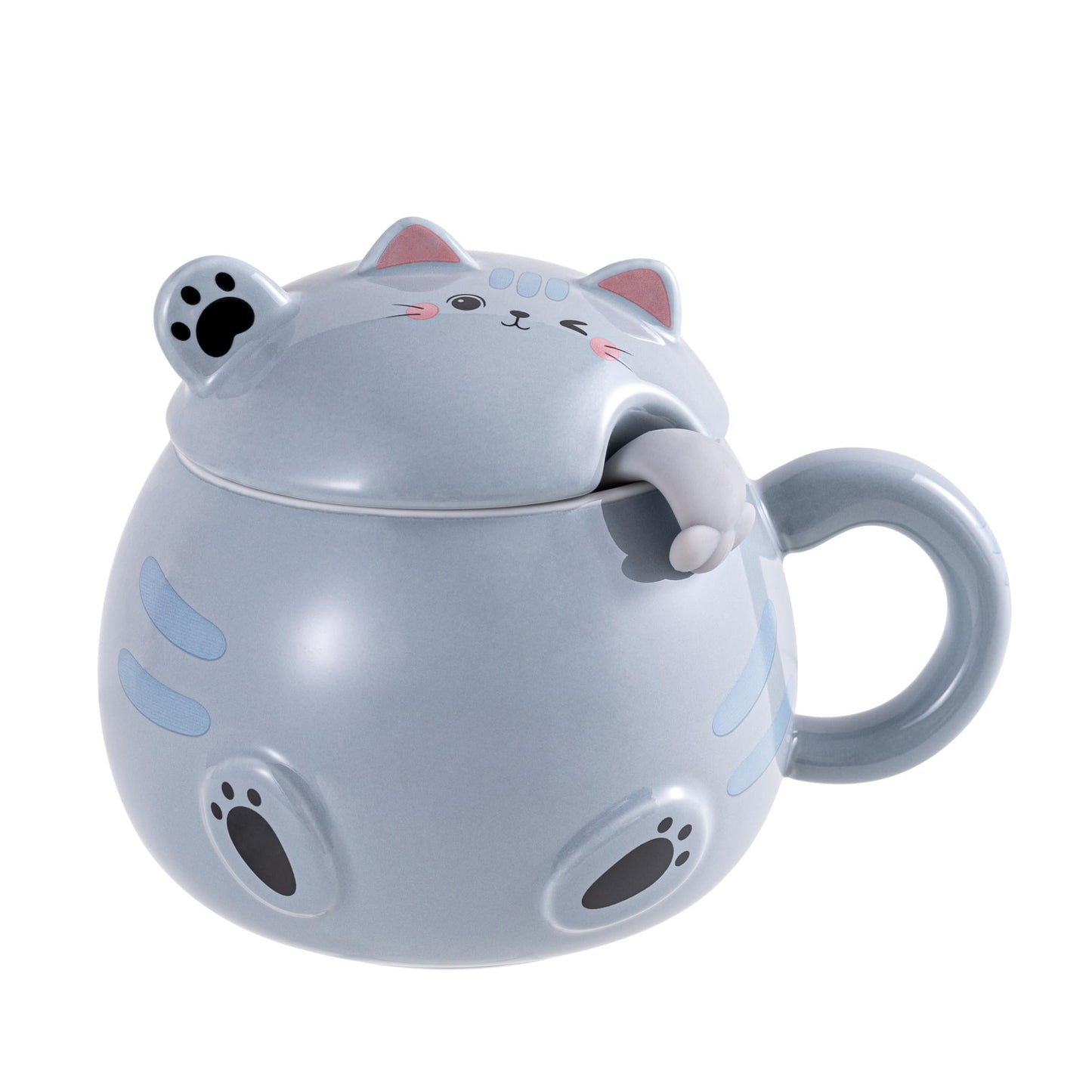 Urban Tokyo Whimsical Cat Mug Adorable Coffee Mug Ceramic Cup Novelty Mug with Lid and Stainless Steel Spoon 15 fl oz Lovely Kitten Neko