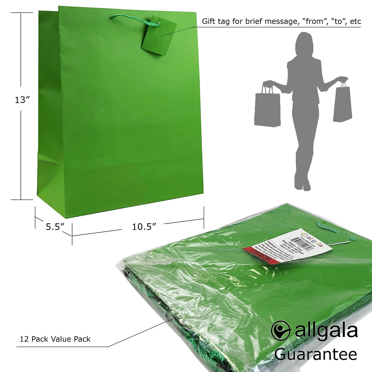 allgala Gift Bags, 12 Pack 13x10x5.5 Inch Large Silver Gift Bags with Handles for Birthday, Wedding, Party Supplies, Baby Shower, Holidays, Chirstmas