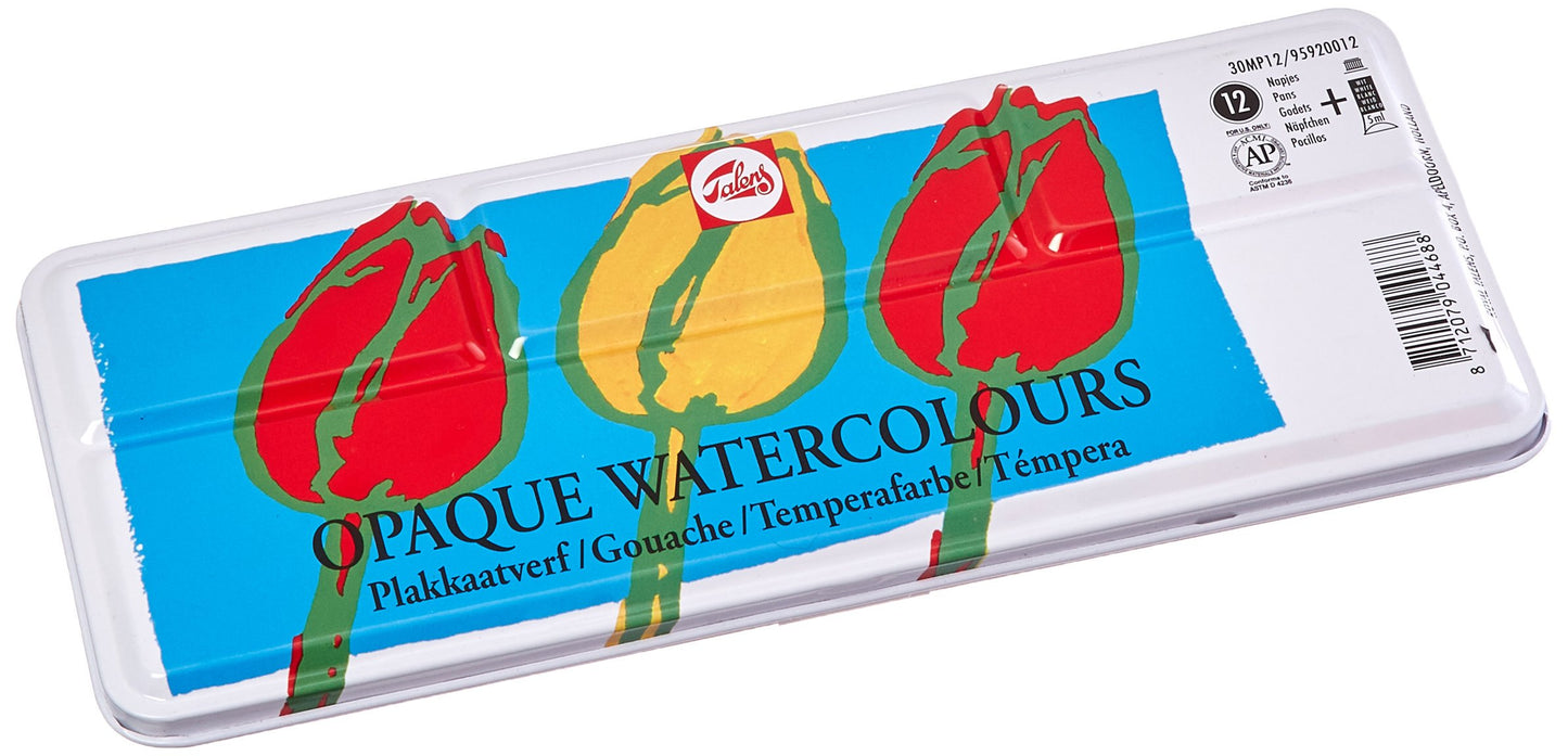 Talens Opaque Watercolors, Metal Tin, Set of 12 Round Pans