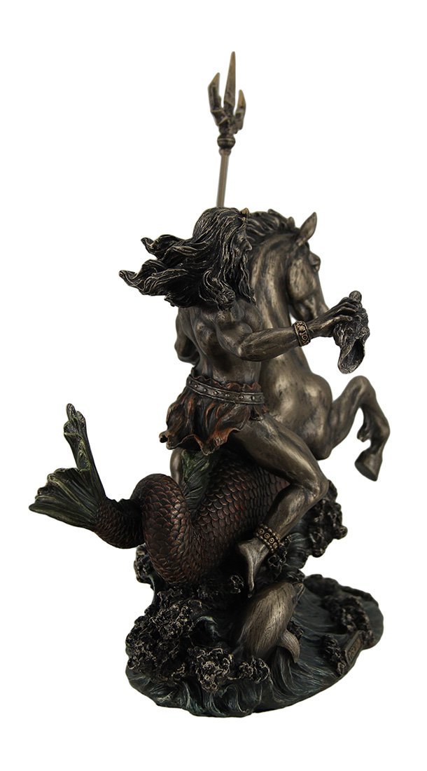 Zeckos Poseidon Greek God of The Sea Holding Trident On Hippocampus Metal Tabletop Statue Dark Brown/Black