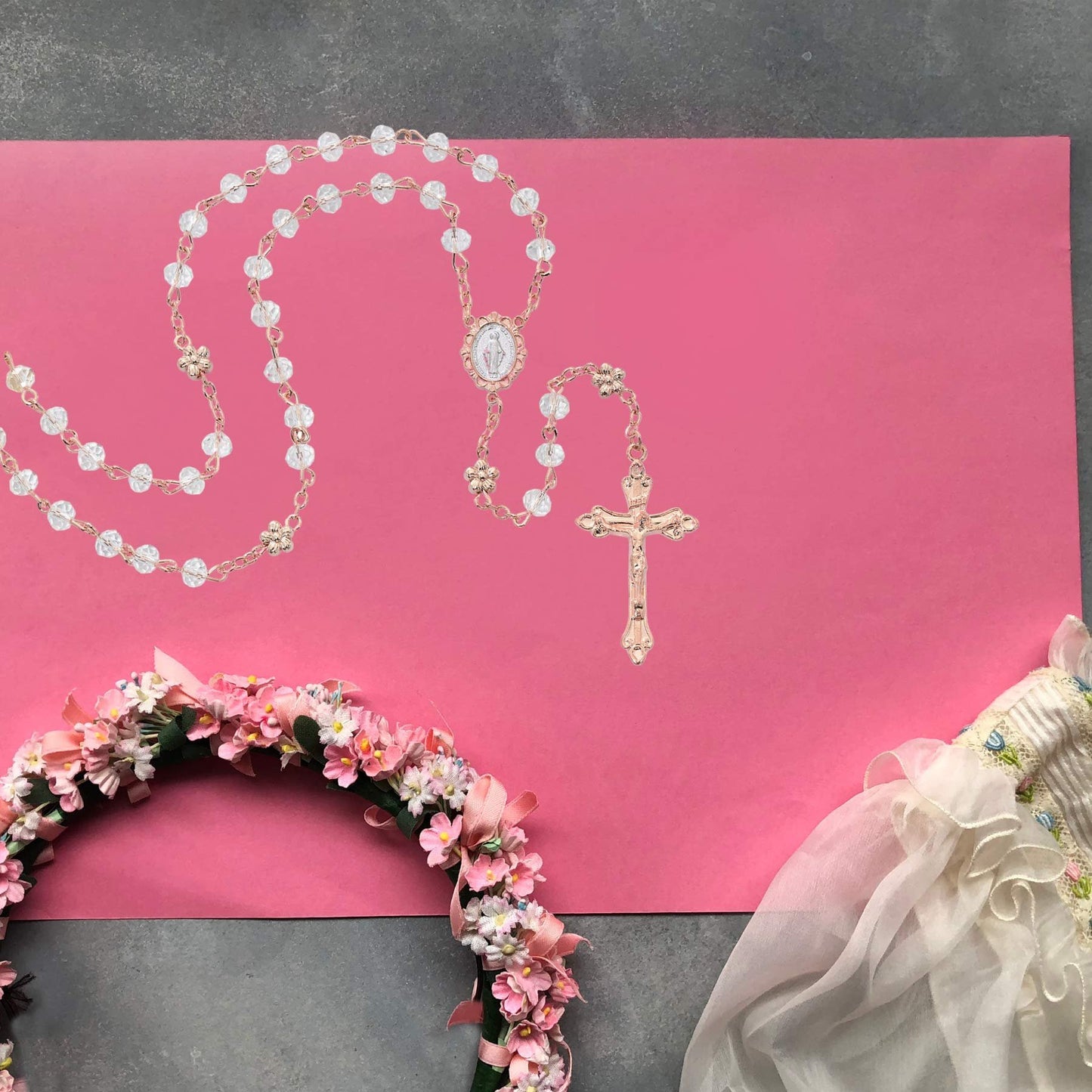 McVan Rose Gold Toned Catholic Rosary with Miraculous Medal Centerpiece, Religious Gift for Girls