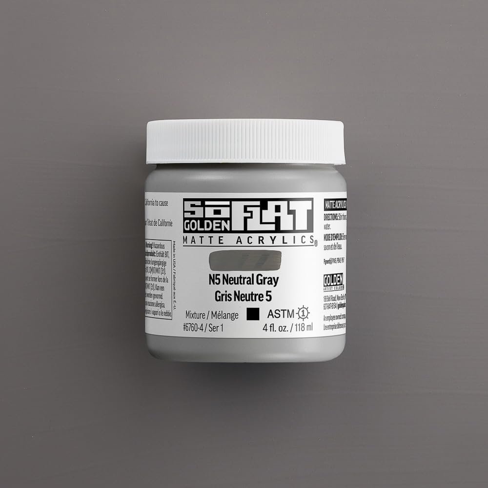 SoFlat Matte Acrylics by GOLDEN, N5 Neutral Gray, 4 fl. oz. Jar, Professional Acrylic Paint, Opaque