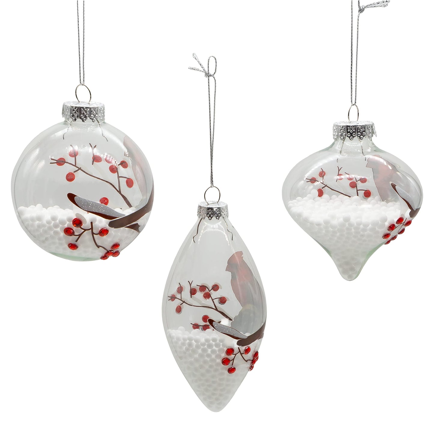 Kurt Adler 80MM Glass Transparent Cardinal Ball, Onion and Teardrop Shaped Ornaments, 3-Piece Set