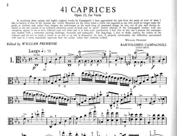 41 Caprices, Opus 22 for Viola by Bartolemeo Campagnoli: (William Primrose) [Sheet music]