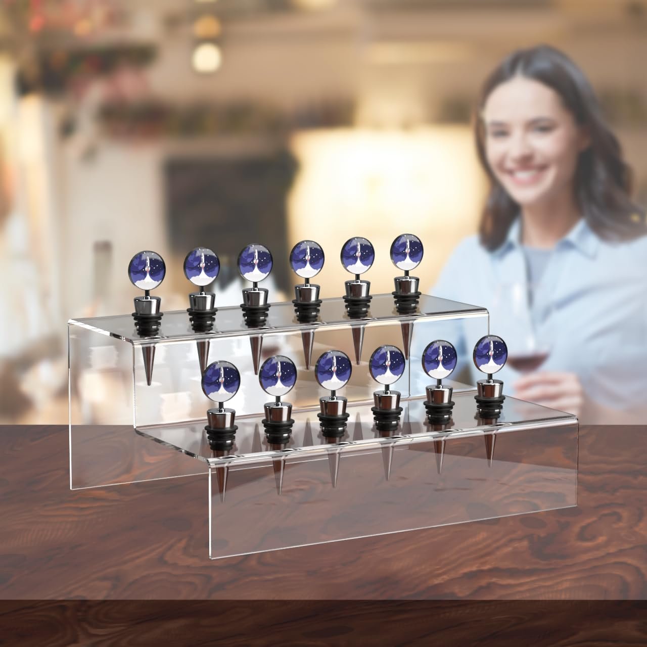 Marketing Holders Wine Bottle Topper Liquor Pourer Display Stand 12 Slot Rack .75 Inch Wide Holes Clear Acrylic 2 Tier Riser 11.75 Inch Wide by 4.75 Inch Deep Retail Countertop Showcase