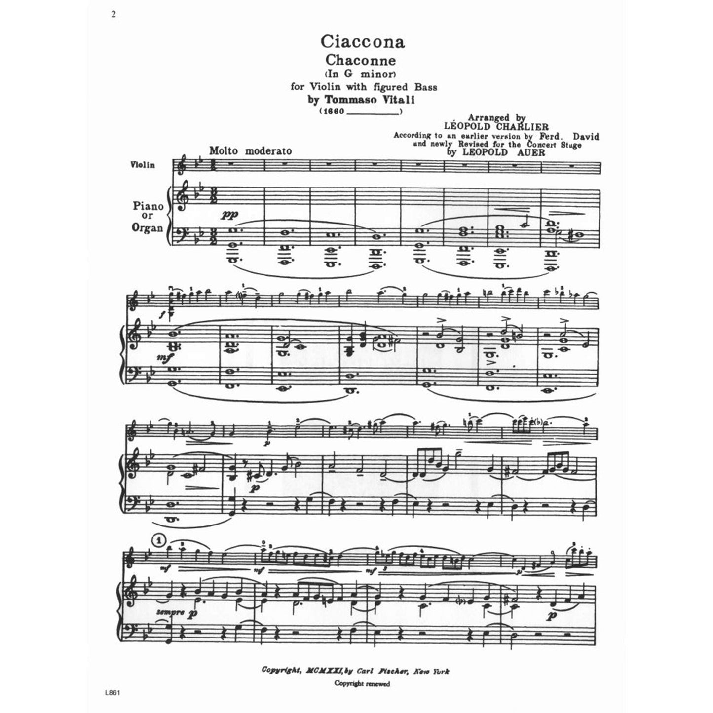 Chaconne in G Minor, for violin and piano; Tomaso Antonio Vitali (Carl Fischer)