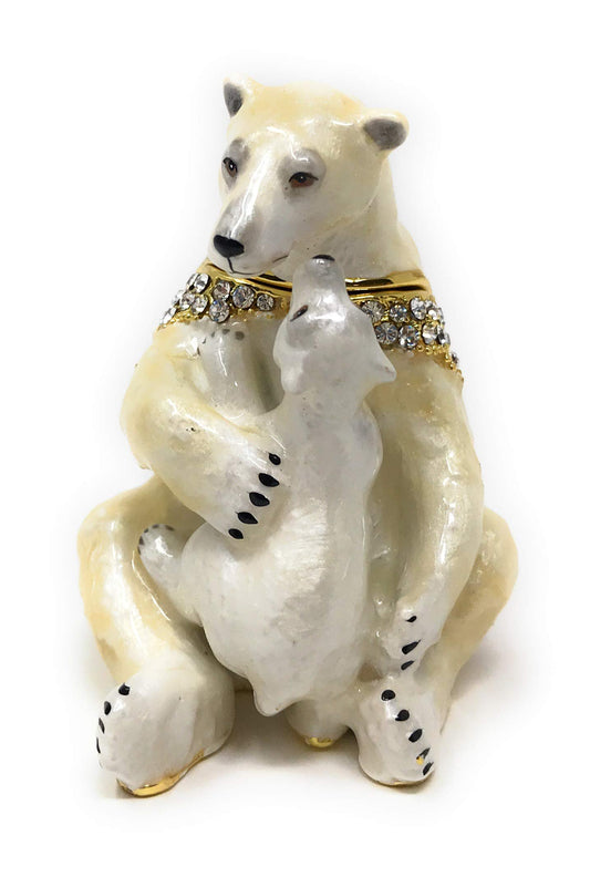 Kubla Crafts Enameled Polar Bear Holding Cub Trinket Box, Accented with Austrian
