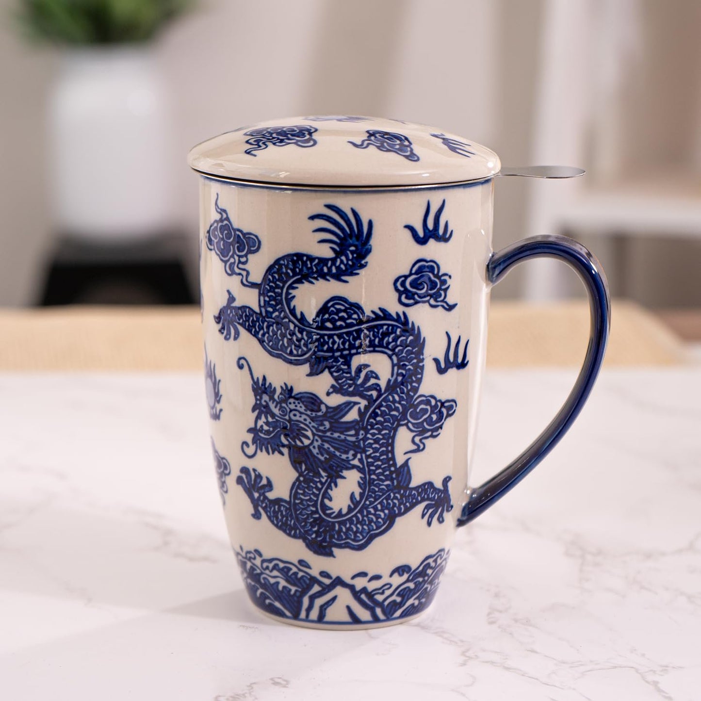 Urban Tokyo Tea Mug With Lid and Stainless Steel Infuser For Loose Leaf Tea Bag Tea Cup 15oz Porcelain Hot Beverage Everyday Use Home Office
