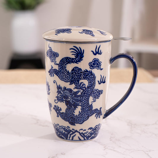 Urban Tokyo Tea Mug With Lid and Stainless Steel Infuser For Loose Leaf Tea Bag Tea Cup 15oz Porcelain Hot Beverage Everyday Use Home Office