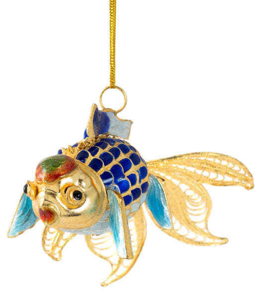 Value Arts Handmade Cloisonne Articulated Blue Filigree Tail Gold Fish Ornament