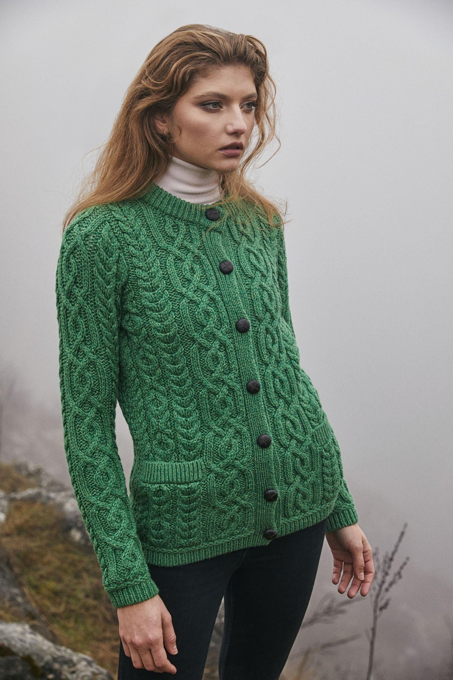 SAOL 100% Merino Wool Ladies Irish Buttons Knit Cardigan Lumber Jacket with Pockets