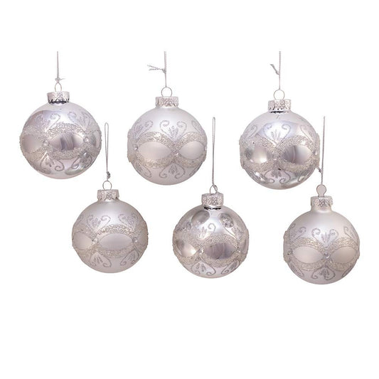 Kurt Adler 80MM Silver with Glitter and Sequins Glass Ball Ornaments, 6 Piece Box