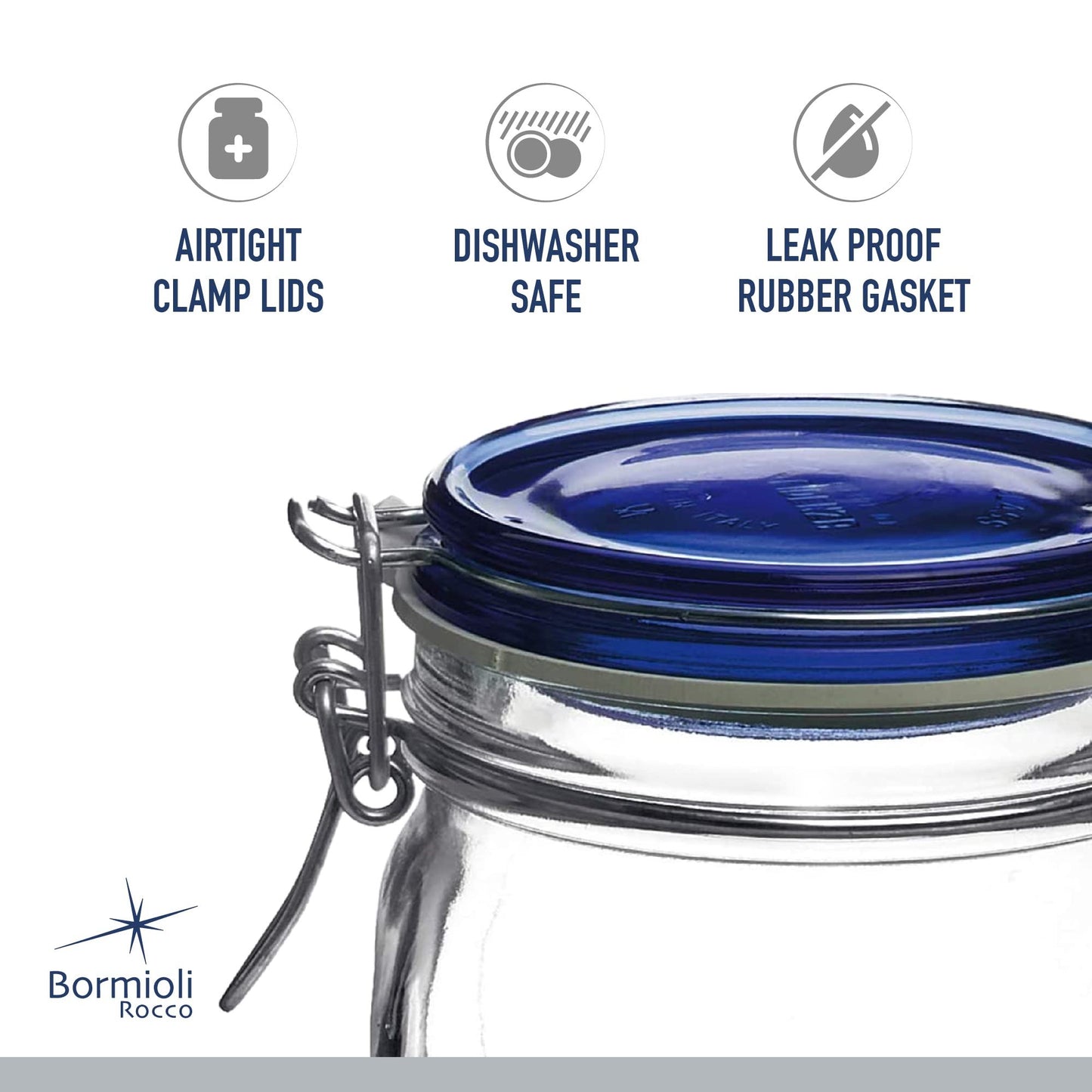 Bormioli Rocco Fido Collection, 2 Pack, 67.75 Oz. Food Storage Glass Jars, Airtight Rubber Seal & Glass Lid, With Stainless Wire Clamp,Made In Italy.