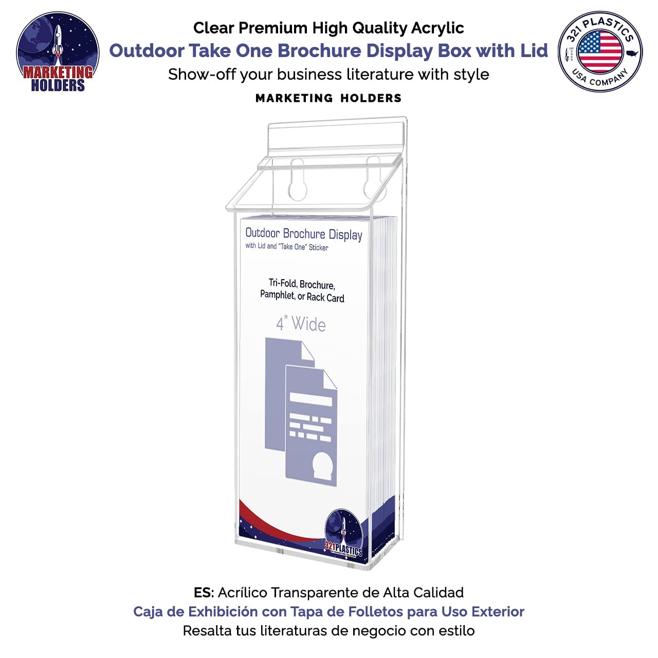 Outdoor Trifold Brochure Holder Holds 4" x 9" Advertising Pamphlets Clear Acrylic Wall Mount Rack Card Box with Lid Includes Take One Sticker and Adhesive Strips by Marketing Holders