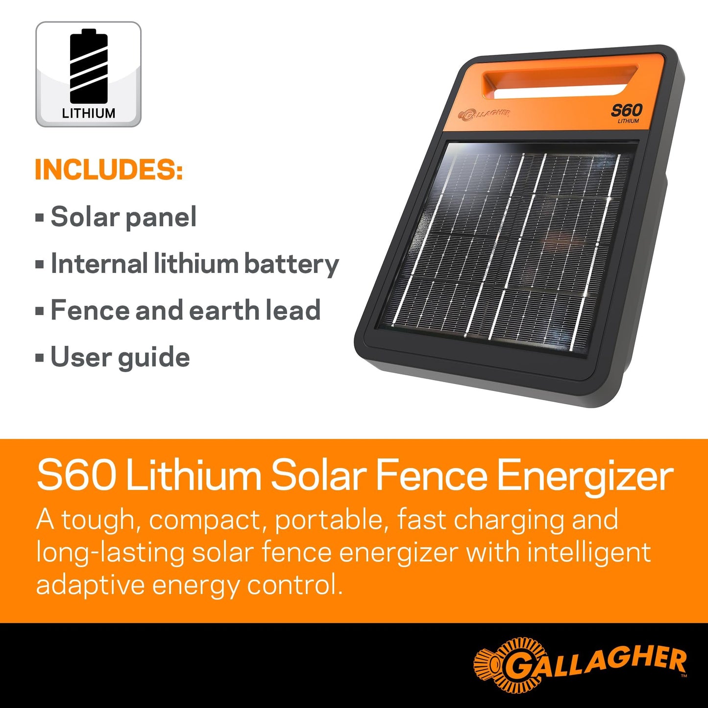 Gallagher S60 Solar Fence Charger | 0.6 Joule Energizer for Livestock, Poultry, Gardens, and Wildlife Exclusion | Powers Up to 6 Miles of Fence | Lithium Battery for Reliable Off-Grid Power
