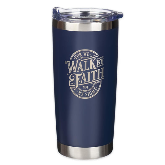 Christian Art Gifts Large Travel Tumbler for Men & Women Stainless Steel Vacuum Insulated Inspirational Scripture: Walk by Faith, Retractable Lid, Navy Blue, 18 oz.