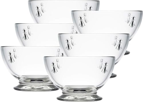 La Rochere Bee Glass Bowl Set of 6 – Classic French Clear Glass Dinner Bowls with Embossed Bee Emblem – Elegant and Versatile Soup, Cereal, and Salad Bowls for Entertaining or Everyday Use (21 Oz)