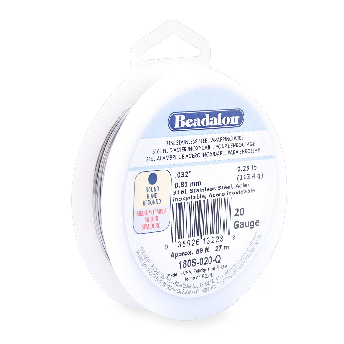 Beadalon 316L Stainless Steel Wrapping Wire, Round, 20 Gauge, Round, 89 feet, 1/4 Pound