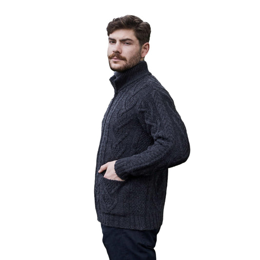 SAOL 100% Merino Wool Men's Zipper Cable Knit Winter Warm Cardigan Sweater with Pockets in Charcoal/Army Green