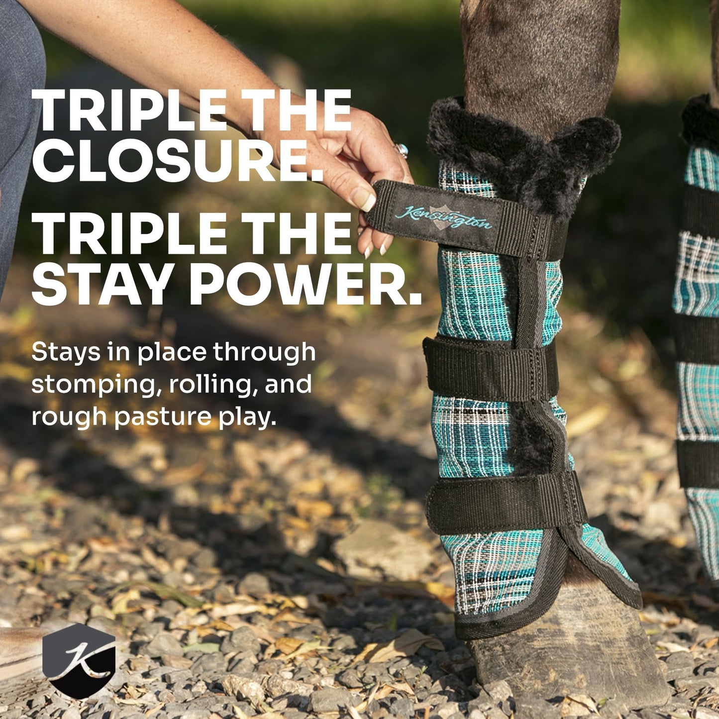 Kensington Natural Horse Fly Boots - Fleece Trimmed - Stay-Up Technology - Protection from Insect Bites and UV Rays - Sold in Pairs (2 Boots) - Medium - Tan